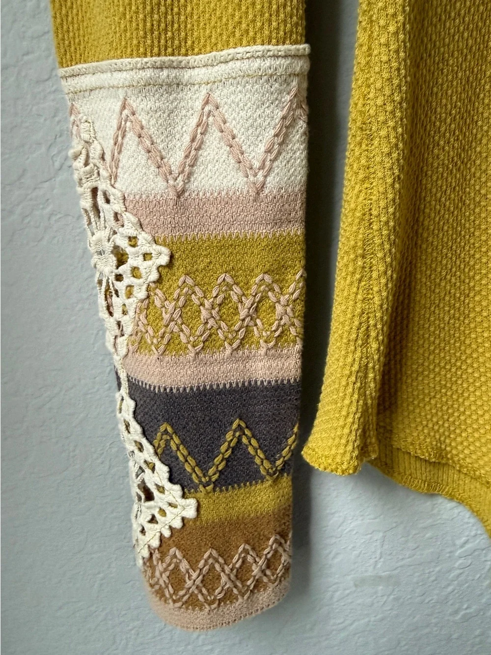 Free People Kombucha Cuff Thermal Top Mustard Yellow M Waffle Knit Crochet